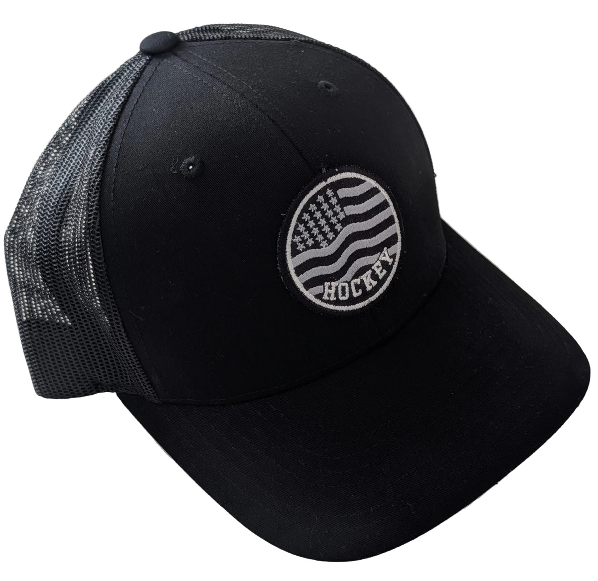 American Flag Hockey Patch Trucker Hat | Distressed Patriotic Cap