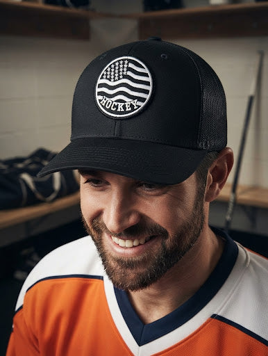 American Flag Hockey Patch Trucker Hat | Distressed Patriotic Cap